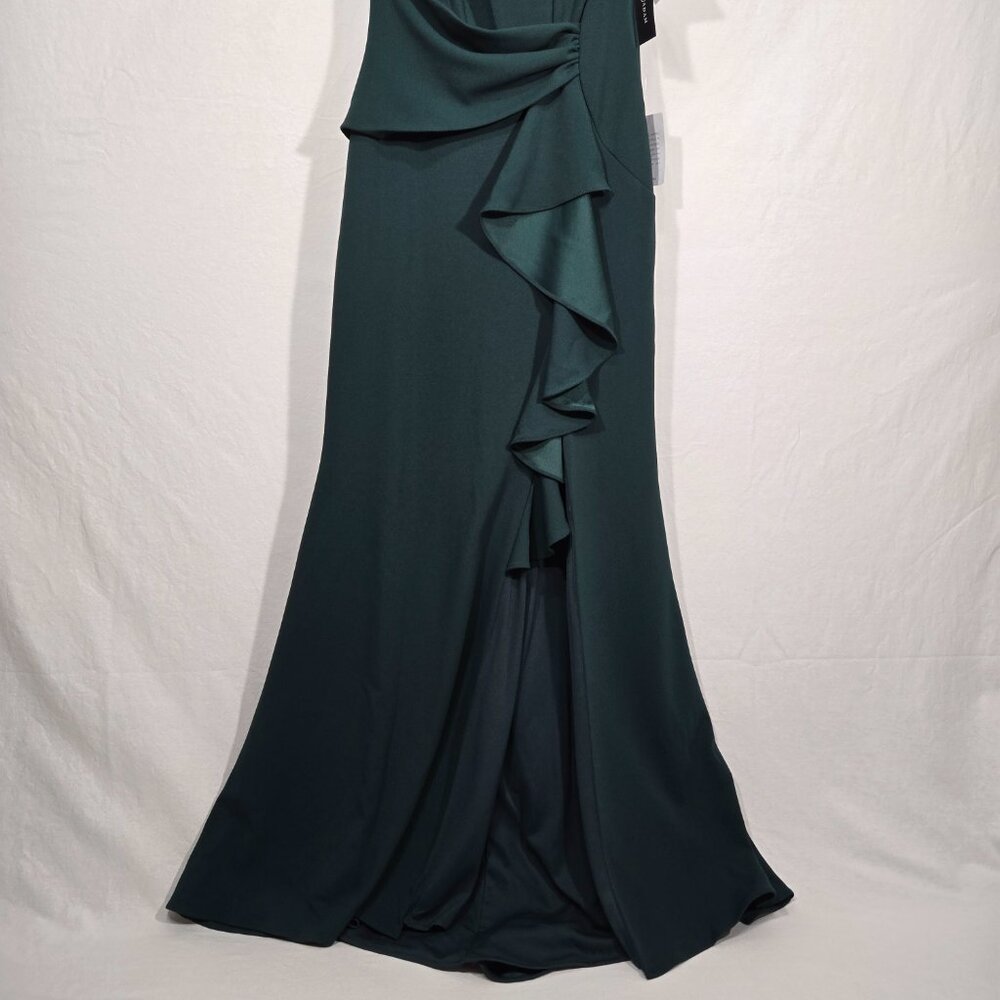 BETSY ADAM "Christine" PINE Scuba Crepe Ruffle Bow Slit Formal Gown Dress Size 8 - Picture 4 of 17